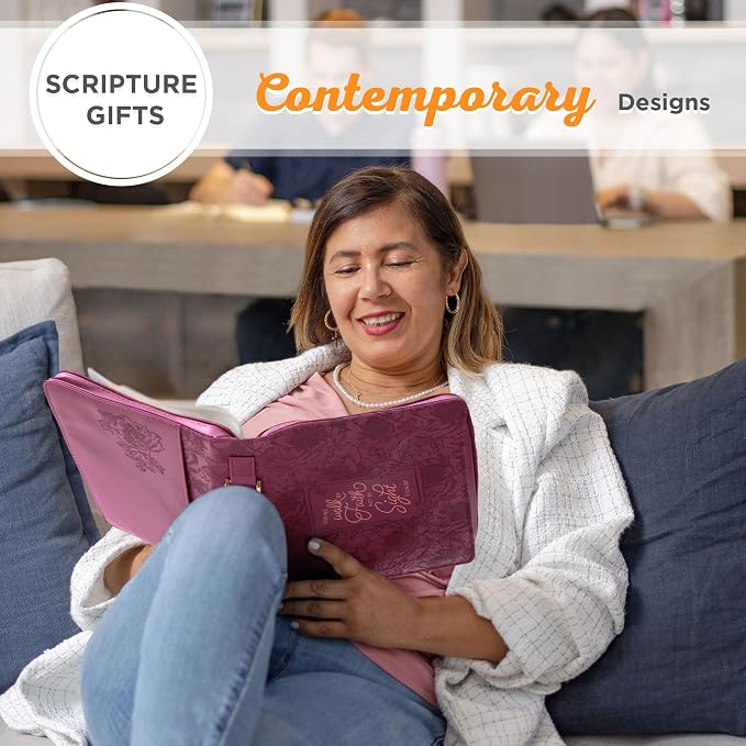 Christian Art Gifts Protective Maroon Floral Faux Leather Bible Cover Carry Case with Handle for Women: Walk by Faith - 2 Corinthians 5:7 Inspirational Bible Verse Zippered with Pocket, Medium