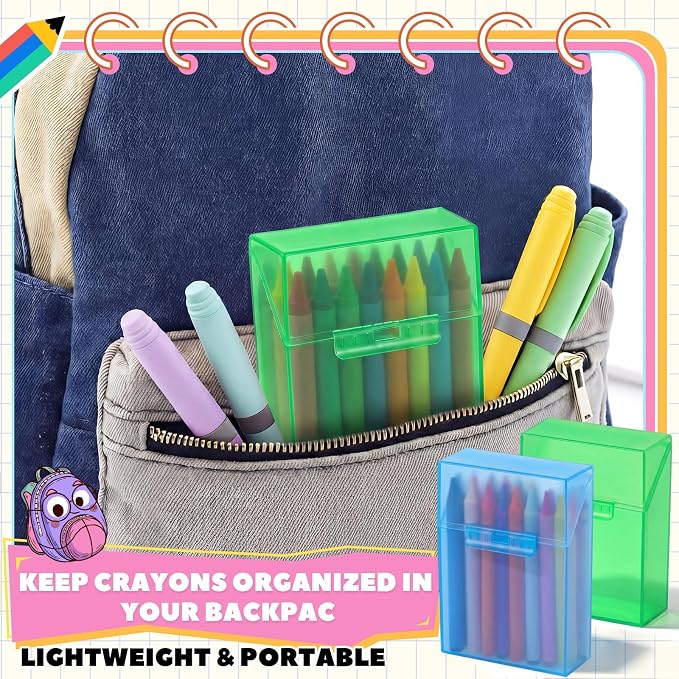 Clabby 2 Pcs Plastic Crayon Organizer Case for 24 Count Crayons Kids Art Supply Storage Box with Lid, Portable Holder for Classroom Home Travel, Fits Standard 24-Pack Crayon (Blue,Green)