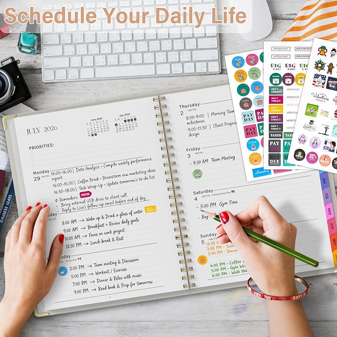 Planner 2026-2027, A4 Hardcover Weekly and Monthly Calendar Planner from July 2026 - June 2027, 8.5" x 11" Daily Agenda with Monthly Tabs, Spiral Bound, Inner Pocket, Cute Journal Organizer Notebook for Office School-Smiley Face