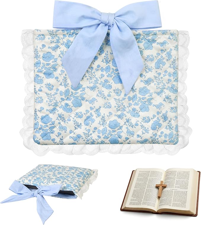 Vintage Blue Floral Quilted Bible Cover for Women – Fits Standard Size Bible Book Padded Protector Washable Cotton Bag with Elegant Lace Trim & Bow Handle – Includes Interior Zipper Pocket