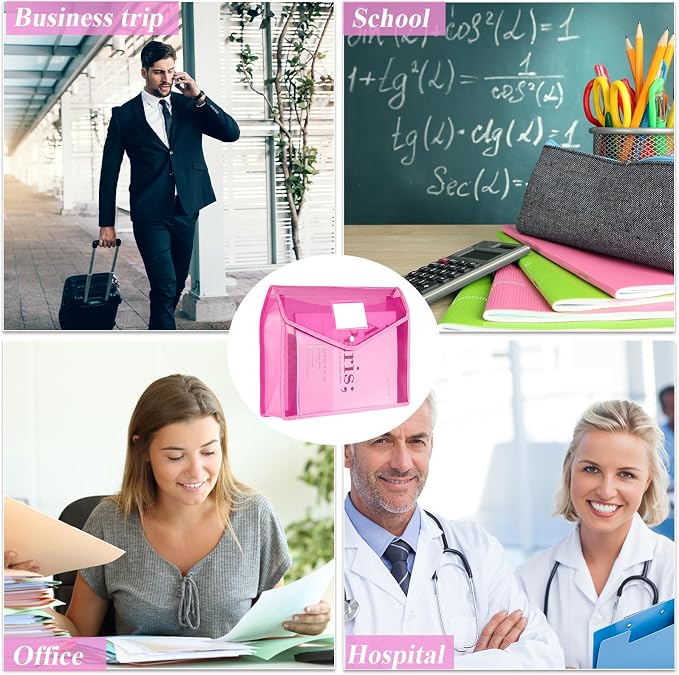Epakh 10 Pieces Plastic File Folders Envelope Expanding File Wallet Organizer Documents Folder with Snap Closure and Pocket B4 Waterproof Transparent Pouch for School Office (Pink,Horizontal)
