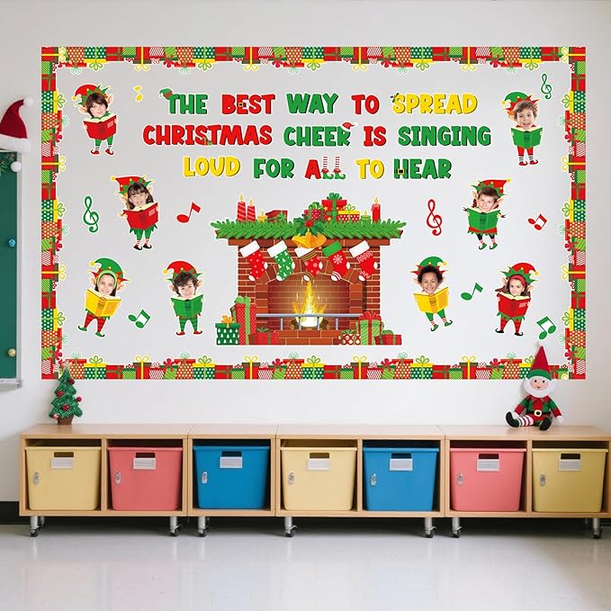 Funrous 60 Pcs Christmas Elf Bulletin Board Set DIY Photo Elf Fireplace Paper Cutouts with Photo Space for Xmas Winter Holiday Party School Classroom Wall Decorations