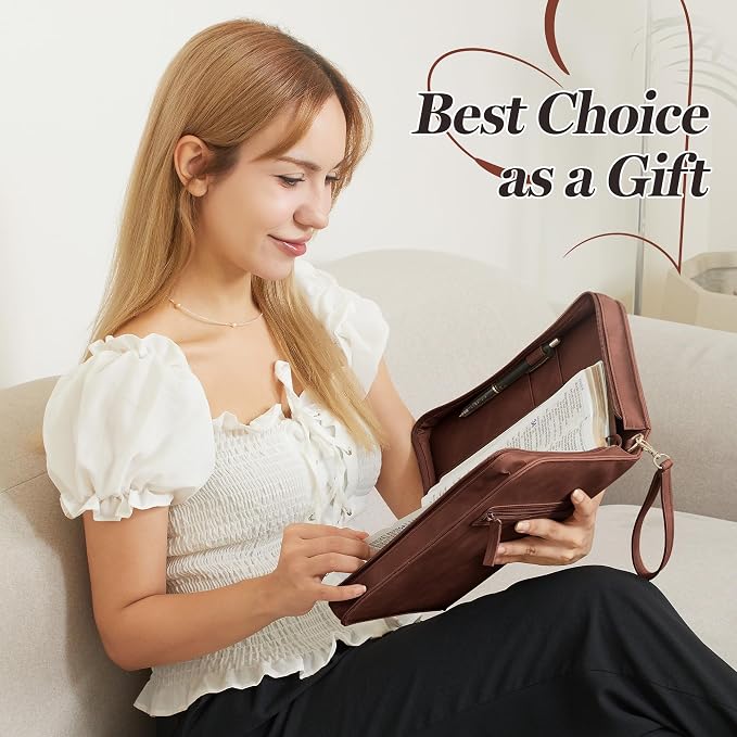 Leather Bible Cover for Women – Large Zippered Case with Handle and Pockets, Floral Book Protector for Study or Church, Christian Gift for Girls and Women, Large Size Bibles (Dark Brown)