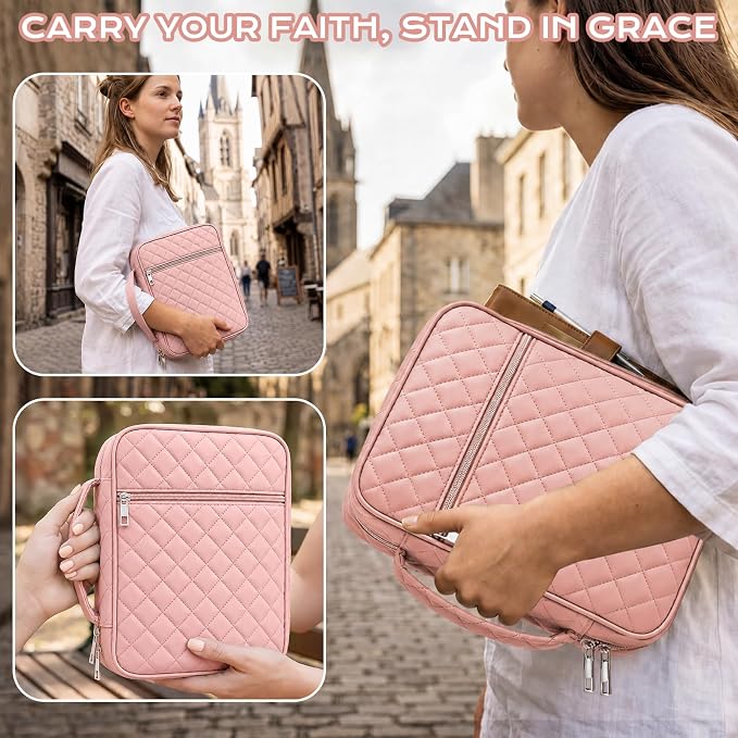 XKDOUS Quilted Bible Cover Case with Bible Study Accessories Kit, Waterproof Large Capacity Bible Bag for Women Men, Portable for Church Study, Multiple Morandi Color Options (Pink)
