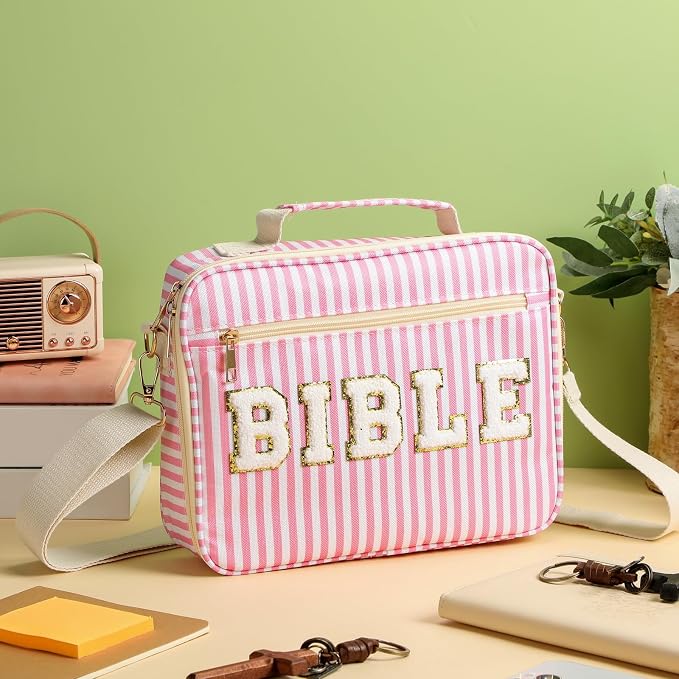 Dansydaisy Bible Cover Case for Women Large Chenille Letter Stripe Church Bible Bag with Shoulder Strap for Women(Pink)
