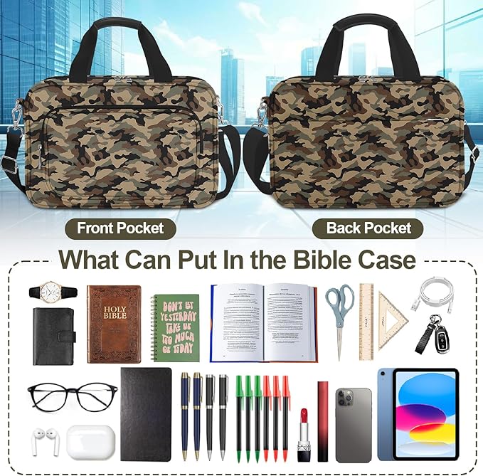 Camo Bible Case Covers for Boys, Large Bible Tote Bag for Men,Bible Carrier,Bible Holder Organizer with Shoulder Strap Zipper Pocket,Bible Study Supplies Kit With Highlighters,Tabs,Pens,Christian Gift