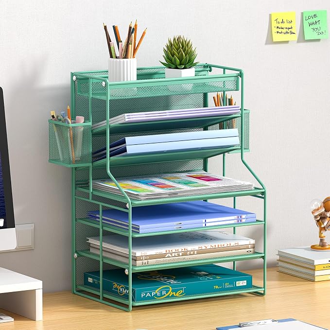Green 7 Tier Office File Organizer, Letter Tray Paper Organizer with Pen Holder and Metal Hanging Basket, Vertical Desktop File Holder for Home Office Organization