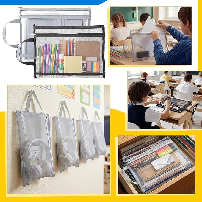 24 Pcs A4 Mesh Zipper Pouch Bags with Handles Black and Gray Double Layer Nylon Document Organizer Pouch for School Office Portable Games Toy Storage Bags for Building Blocks