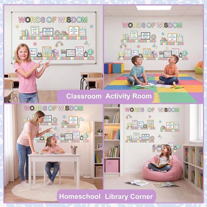 Qilery Words of Wisdom Bulletin Board Set Retro Groovy Classroom Decorations with Bookshelf Border Inspirational Quotes for School Library Reading Nook Pastel Macaron Teacher Supplies Back to School
