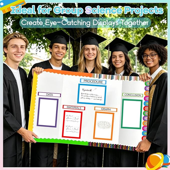 Science Fair Board Supplies 98 Pcs Includes 24 Presentation Boards 60 Trim Scalloped Bulletin Borders 8 Science Fair Titles 5 Letter Stickers 1 Double-Sided Tape for Scientific Display (Multicolor)