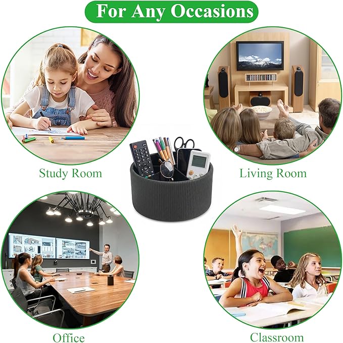 Remote Control Holder, 360°Spinning PU Leather Desk TV Remote Caddy,Desk Storage Box Room Accessories for Controller, Media,Mail,Calculator, Mobile Phone,Pencil(1-Big Wood Black)