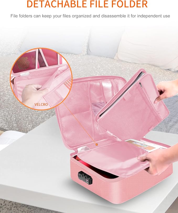 Noiposi Document Organizer with 5200℉ Heat Insulated,16.1"x11.4"x4.3" Waterproof and Fireproof Document Box,Portable Home Travel Safe Storage Box for Important Documents and File,Pink