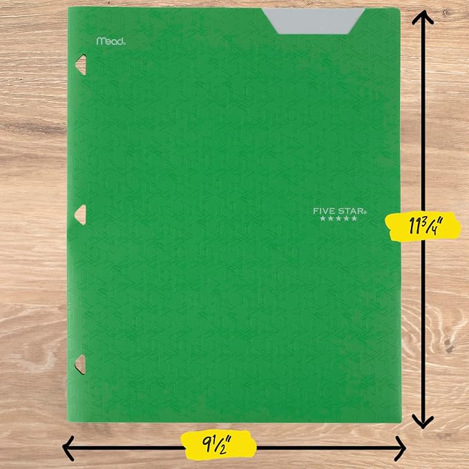 Five Star 2-Pocket Folder, Plastic Folder with Stay-Put Tabs, Fits 3-Ring Binder, Holds 8-1/2" x 11" Paper, Forest Green (333420E-ECM)