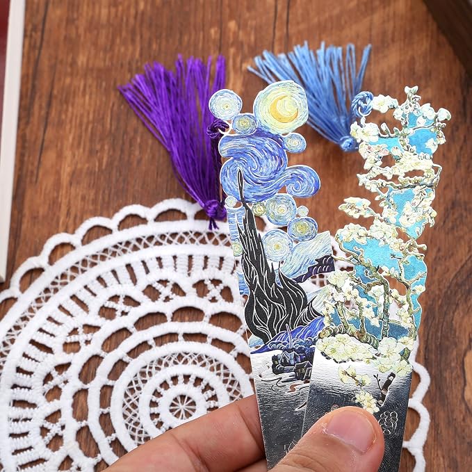 2 Metal Bookmarks with Tassel, Oil Painting Starry Night Over The Rhone and Almond Blossoms, Pretty Bookmarks for Women