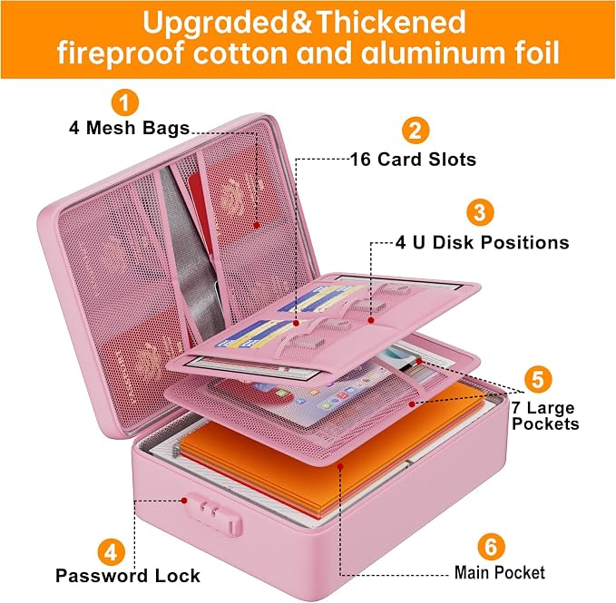 DocSafe 5200°F Document Organizer with Lock,Upgraded Heat Insulated Fireproof&Waterproof Box 8 Layers File Organizer,Portable Home Travel Safe Storage for Important Documents, Files,Pink (Soft)