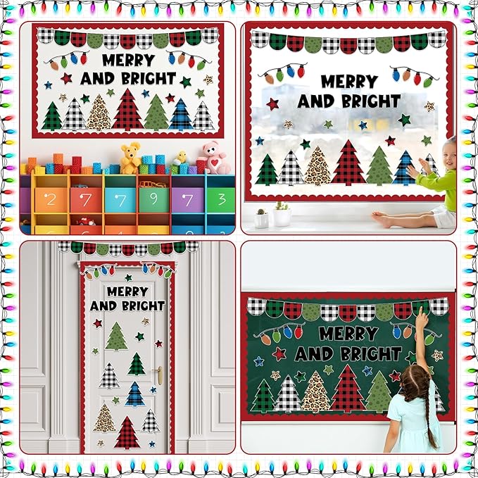 Christmas Classroom Bulletin Board Set Merry and Bright Light Bulb Plaid Xmas Tree Cutouts Retro Christmas Bulletin Board Decorations Xmas Winter Classroom Decor for Home Wall School Party Supplies