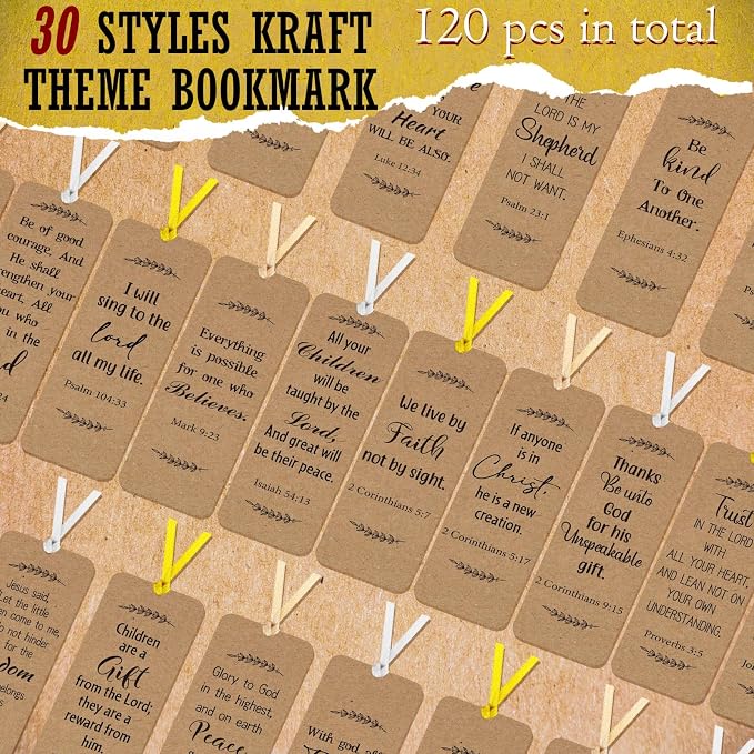 Chinco 120 Pack Kraft Paper Bible Verse Bookmarks Christian Inspirational Quote Motivational Bookmarks for Women Men Religious Positive Page Marker for Church Office Gifts Supplies
