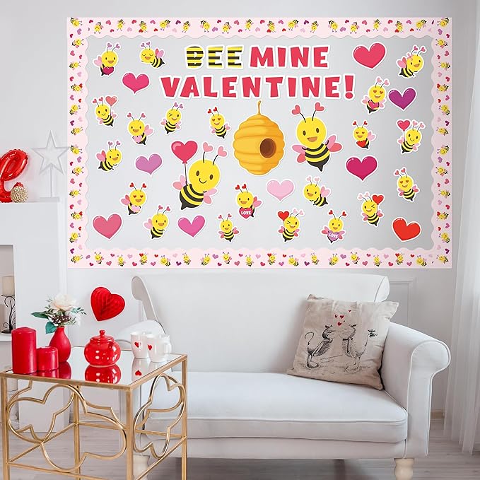 140Pcs Valentine's Day Bee Bulletin Board Classroom Decorations Bee Mine Valentine Heart Accent Cutouts Name Tags Border Trim Party School Classroom Chalkboard Door Wall Decor