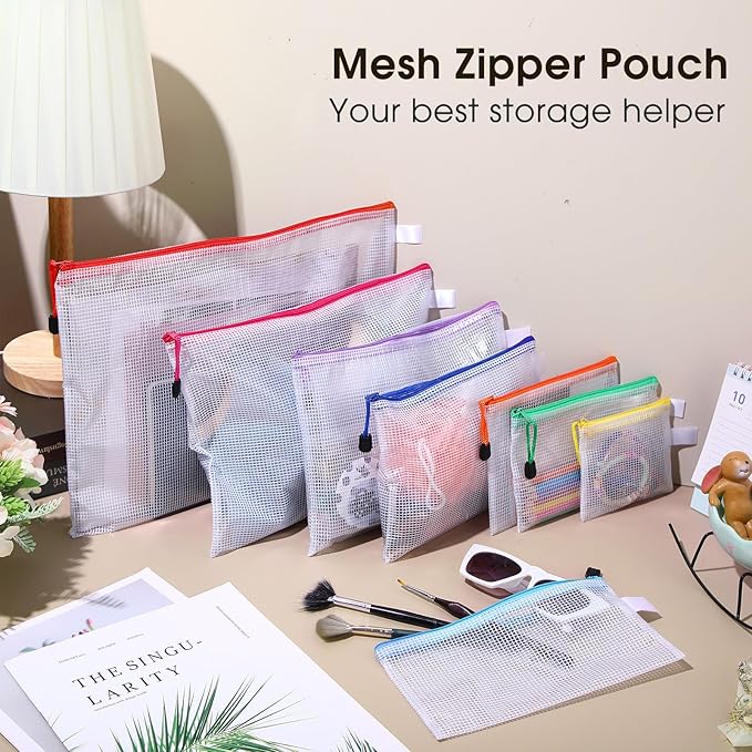 Kisston 100 Pcs Mesh Zipper Pouch Bags Bulk, 8 Sizes Plastic Zipper Bags, 8 Colors Waterproof File Pouches for Organization, Multipurpose Travel Pouches for Travel, Office, Board Game