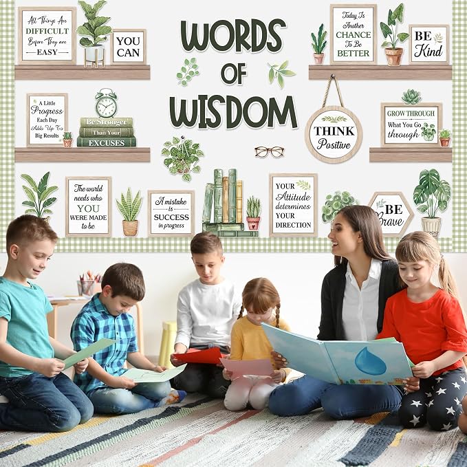 Mooliwe 57 Pcs Fresh Plants Bulletin Board Set Inspirational Flower Bulletin Board Decoration Positive Cutout Classroom Decoration for School Office Home Teacher Classroom Wall Supplies