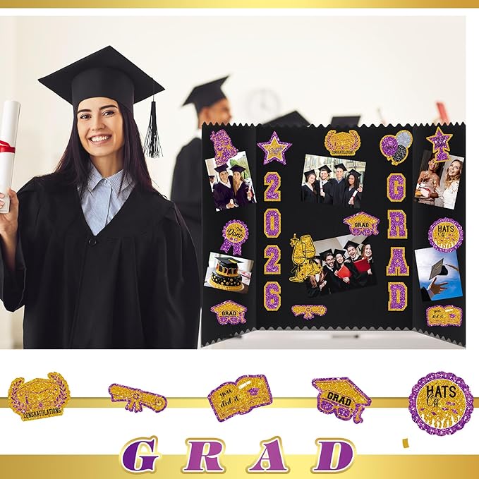 AmazingSpark 4 Sets Graduation Photo Display Board Trifold Poster Board with 12 Graduation Themed Stickers for 2026 Grad Party Decoration Picture Collage Frame Supplies (24 x 16,Purple Gold)