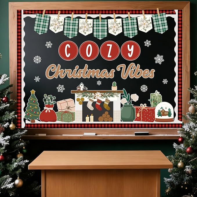 Christmas Fireplace Bulletin Board Set Cozy Christmas Vibes Classroom Decorations Colorful Banner Snowflakes Xmas Tree Gifts Snow Globe Cutouts with Buffalo Plaid Borders for Holiday Display