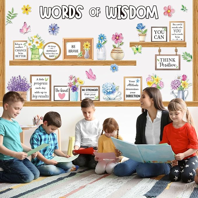Mooliwe 57 Pcs Spring Bulletin Board Set Inspirational Flower Bulletin Board Decoration Positive Cutout Classroom Decoration for School Office Home Teacher Classroom Wall Supplies