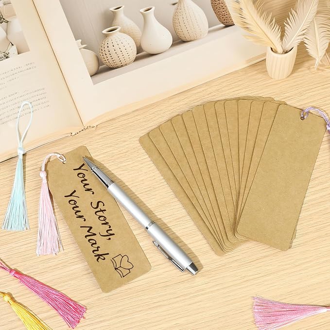 102 pcs Blank Bookmarks with Colorful Tassels – 350gsm Cardstock Bookmark Blanks for DIY Crafts, Holiday Gift Tags, Classroom Projects & Reading Rewards – 5.5 x 2 inch Bookmark Kit (Brown)