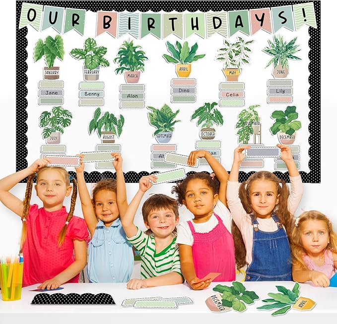 Happy Birthday Bulletin Board Decorations Boho Plants Birthday Bulletin Board Border Set Greenery Paper Cutouts for Calendars Back to School Preschool Chalkboard Supplies