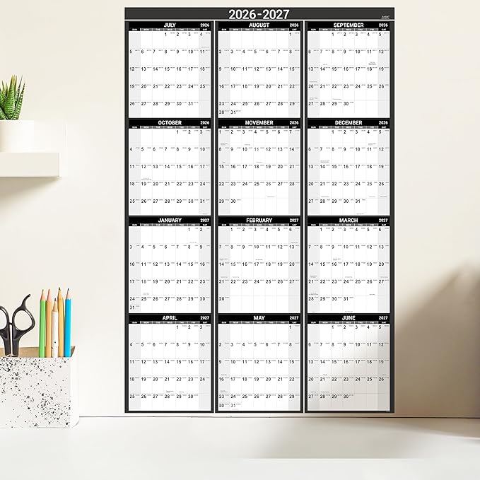 2026-2027 Yearly Wall Calendar - Calendar 2026-2027, July 2026 - June 2027, 34.4" x 22.8"(Open), Yearly Wall Calendar 26-27, Vertical Layout, Double-Sided Round Stickers, Large Calendar - Black