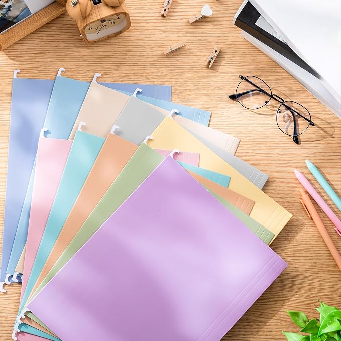 Janmini 30 Pcs Macaron Color Hanging Folders with Foil Stamping Process, Including Adjustable Tabs and Inserts, Letter Size Decorative Hanging File Cabinet Inserts Organizer for Desk Office School