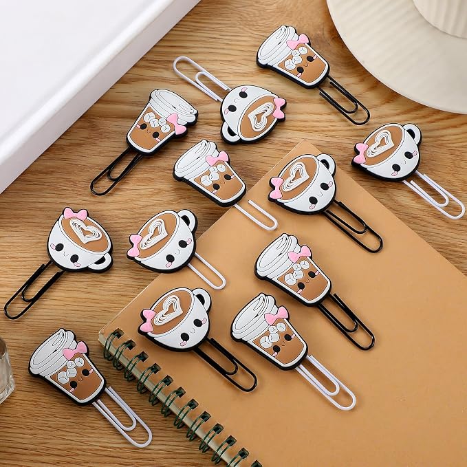 12 Pcs Coffee Cup Shape Paper Clips Funny Cute Paperclips Bookmarks Planner Clips Back to School Teacher Appreciation Gift Supplies for Employee Office Supplies Stationery Gifts Essentials