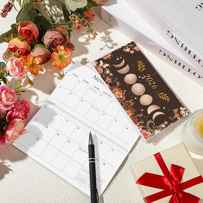 Gueevin 2026 Pocket Calendar for Purse with Pen Small Pocket Planner Handy Weekly Monthly Planner Journal Writing Notebook Valentine New Year Gift Sister Friend Women(Moon,Black)