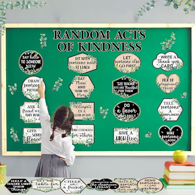 QOUBAI Greenery Random Acts of Kindness Bulletin Board Set Eucalyptus Classroom Bulletin Board Decorations Kindness Challenge Cutouts Classroom Decorations for Back to School Office Chalkboard Decor
