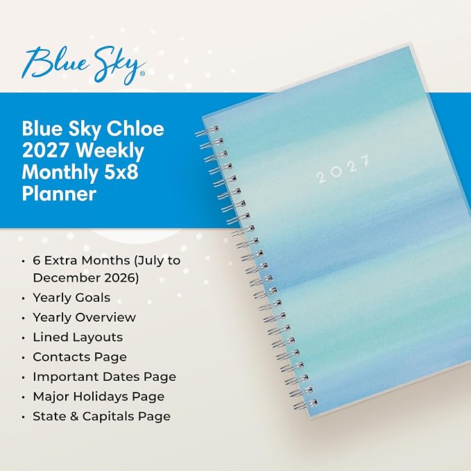 Blue Sky 2027 Weekly and Monthly Planner Calendar, January 2027 - December 2027, 5" x 8", Flexible Frosted Cover, Laminated Tabs, Durable Twin Wire Binding, Chloe