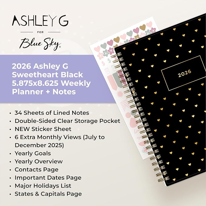 Blue Sky Ashley G 2026 Weekly and Monthly Planner Calendar, January 2026 - December 2026, 5.875" x 8.625", Flexible Cover, Durable Twin Wire Binding, Pocket & Extra Notes Pages, Sweetheart Black