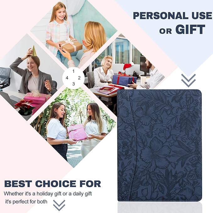 Free Engraved Name,Embossed Padfolio Portfolio PU Leather Binder,Interview Resume Folder,Business Card Holder, Organizer with A4 Legal Pads for Men Women(Blue,Custom)