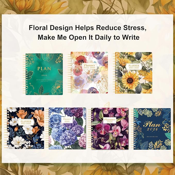 CAGIE 2026 Planner Weekly and Monthly — January - December 2026 Calendar, Hardcover Spiral Bound, 13 Monthly Dividers Tabs, Stickers, 8.3 x 9.3 Inch, Women Sunflower Planner Agenda For Work, Family Affiar, Personal