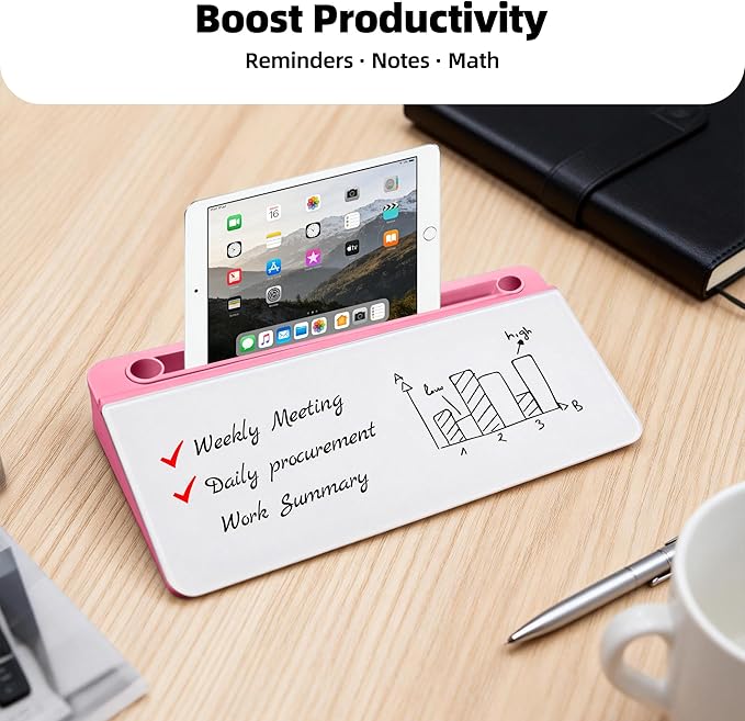 Desktop Whiteboard, Glass Dry Erase Board, Desk Board Buddy,Computer Keyboard Stand,Desk Whiteboard Organizer for Home,Office,School Supplies (Pink)