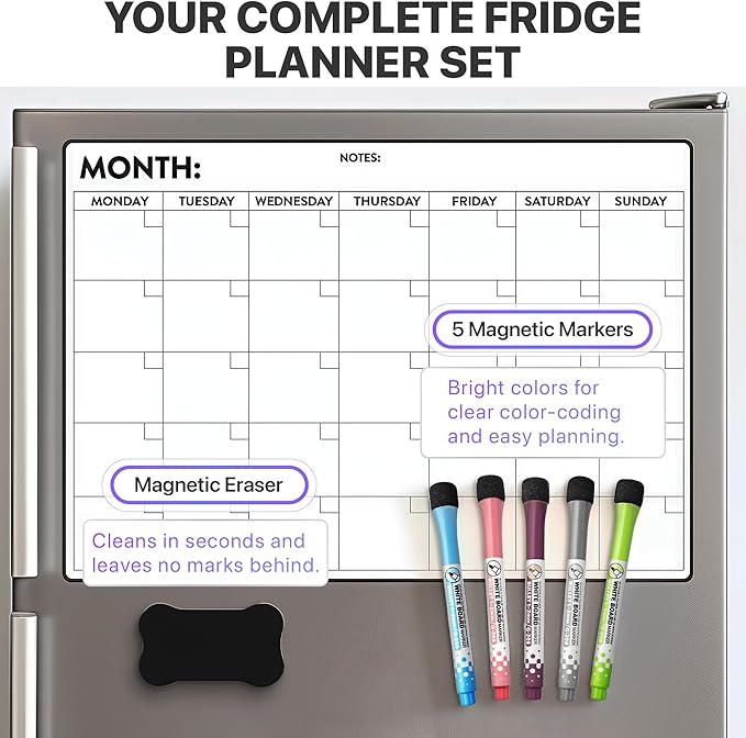 Monthly Magnetic Dry Erase Calendar for Refrigerator โ Monday Start Calendar Magnet 17 x 12โ | Whiteboard Calendar for Fridge | Include 5 Markers & Eraser - Freedom Mastery