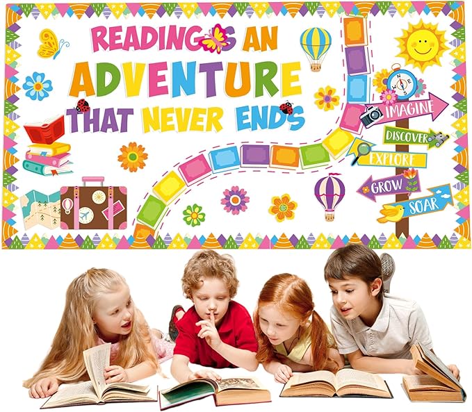 Honoson 55 Pcs Spring Bulletin Boards Reading is an Adventure Bulletin Boards Colorful Floral Cutouts Decors for Apirl Spring Back to School Library Home Chalkboard Wall Decoration (Book)
