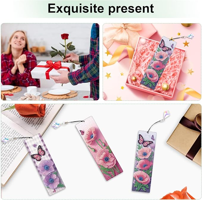 Tontut 3pcs Diamond Art Painting Kit Bookmark, Lotus Flower Exquisite Universal DIY Bookmark, Lightweight and Durable, Suitable for Reading Lovers