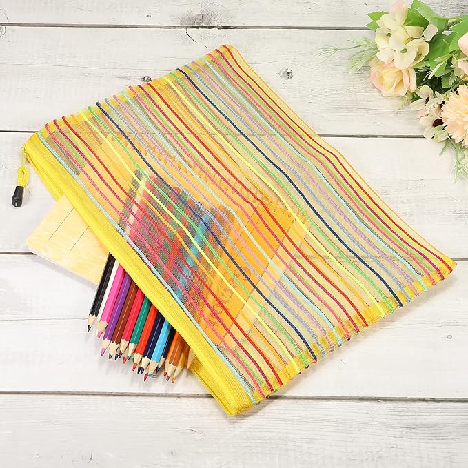 MECCANIXITY Mesh Zipper Pouches, A4 Colorful Pencil Case Document File Bags Storage Organizer for Office Supply Travel Accessory, Yellow Pack of 6