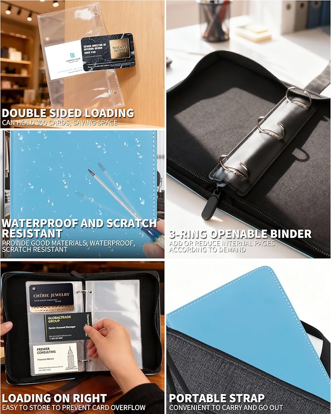 Leather Business Card Book Holder Organizer, Professional Name Card Book Holder with 300 Card Capacity, Portable PU Credit Card Binder File Sleeve Storage for Men Women,25 Pack Sleeves Zipper Closure