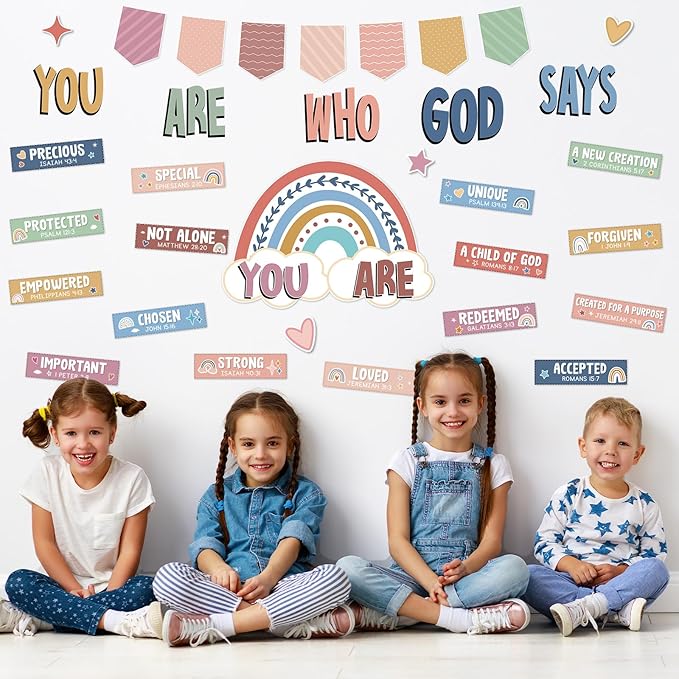 Qyeahkj Boho Christian Bulletin Board Decorations Inspirational Bulletin Board Set Colorful Rainbow God Says You Are Cutouts Motivational Religious Classroom Wall Decor for School Home Church Supplies