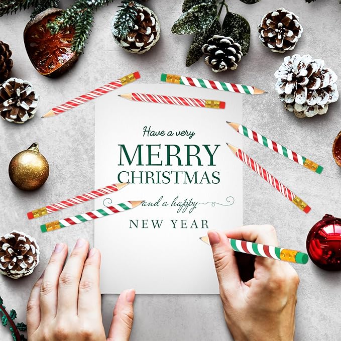 JarThenaAMCS 50Pcs Christmas Short Pencil with Eraser 4 in Red Green Stripe Writing Pencil Wood Xmas Winter Half Pencils for Classroom Office Stationery Gift