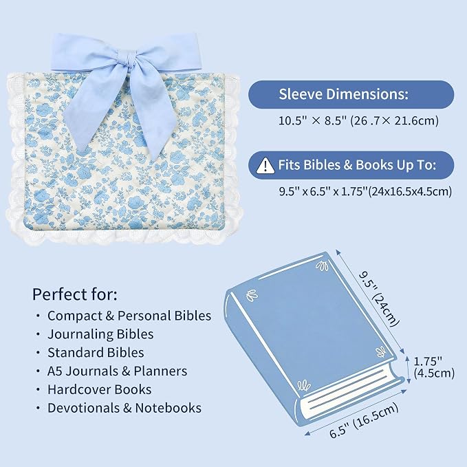 Vintage Blue Floral Quilted Bible Cover for Women – Fits Standard Size Bible Book Padded Protector Washable Cotton Bag with Elegant Lace Trim & Bow Handle – Includes Interior Zipper Pocket