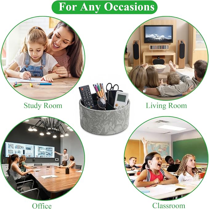 Remote Control Holder, 360°Spinning PU Leather Desk TV Remote Caddy,Desk Storage Box Room Accessories for Controller, Media,Mail,Calculator, Mobile Phone,Pencil(1-Carved Grey)