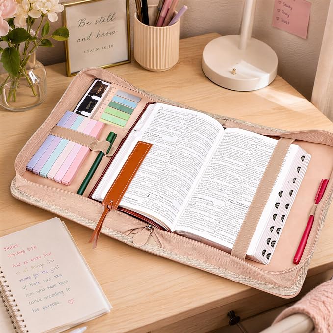 XKDOUS Bible Cover Case Leather Book Carrying Case Large Bible Bag Organizer with Cross, Handle, Pens, Tabs, Study Supplies Journaling Kit Father Day Christian Gifts for Dad, Mom, Men, Women