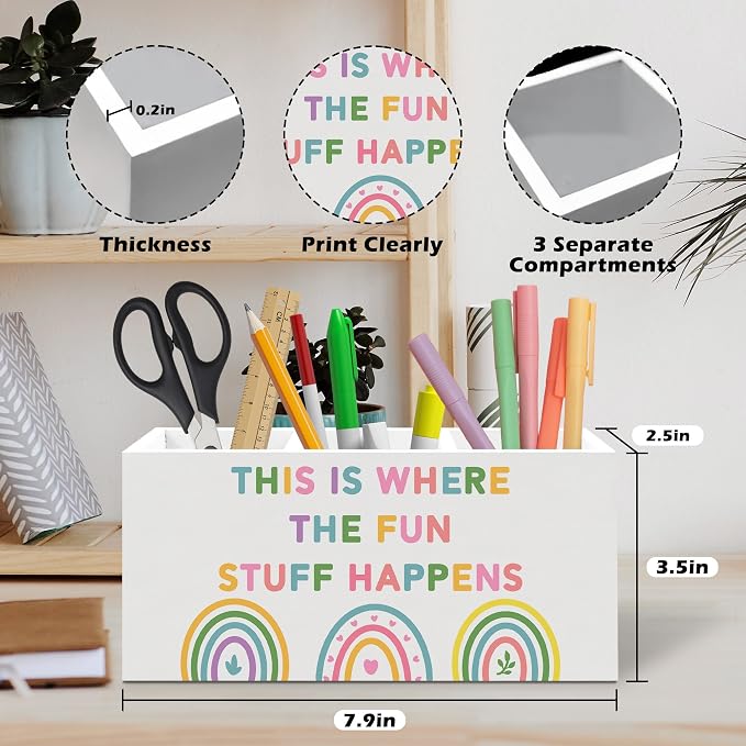 Boho Rainbow Classroom Pen Holder, Kids Pen Pencil Holder Organizer for Desk Accessories, Pastel Playroom Wooden Box Desk Decor for Kids Nursery Room Bedroom Classroom Desk Decorations